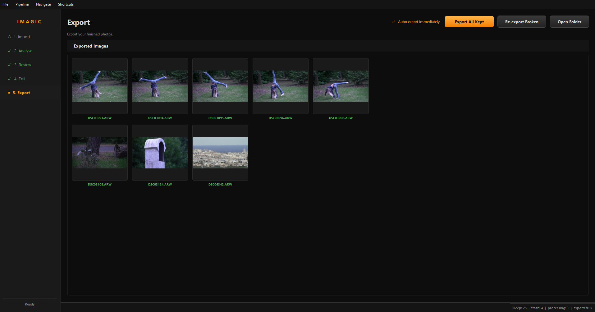 Export - gallery of processed images ready to share