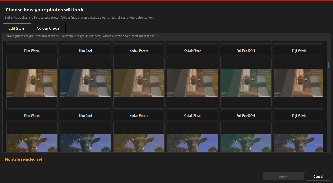 Color Grade chooser - 30+ cinematic LUT presets